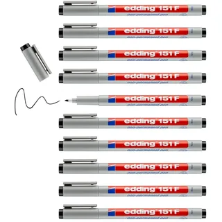 edding 151 F Non-permanent pen - schwarz - 10 Stifte - Rundspitze 0,6 mm - Stift zum Schreiben auf Glas, Kunststoff, Folien und glatten Oberflächen - schnelltrocknend, mit Wasser korrigierbar