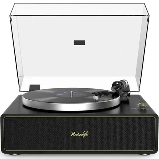 Plattenspieler mit Integrierten Lautsprechern Riemenantrieb 33/45 U/min Vinyl Schallplattenspieler Unterstützt Bluetooth-Wiedergabe mit Auto-Stopp Funktion RCA Out und AUX-In Schwarz