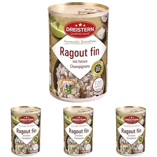 DREISTERN Ragout Fin 400g I leckeres Ragout in der praktischen recycelbaren Konserve I köstliche Kombination aus Truthahnfleisch & Kalbfleisch - Qualität die schmeckt (Packung mit 4)