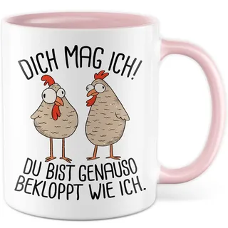 Lustige Tasse mit Spruch Kaffeetasse Humor Geschenk für Freunde Geschenkidee Kaffee-Becher witzig Dich mag ich Du bist genau so bekloppt wie ich Witz Büro Teetasse Arbeit (Weiß/Pink)