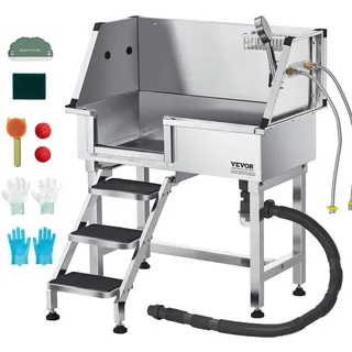 Vevor Hundewaschstation aus Edelstahl, 870x488x1025 mm Tierpflegewanne mit Ablagetreppe, Wasserhahn, Duschkopf & Seifenhalter, Hundebadewanne, für mittelgroße & kleine Haustiere (linke Tür)