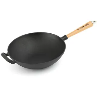 Hanseküche Gusseisen Wok mit Holzgriff 31 cm – Wokpfanne, Groß mit hohem Rand