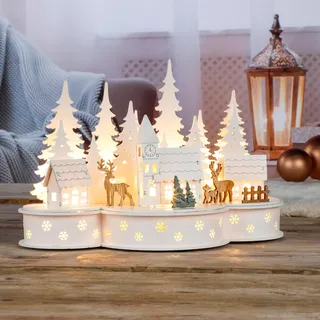 Hi Profiline LED-Dekoleuchte Weihnachtsstadt aus Holz mit LED-Beleuchtung – (B)30 x (H)20 x (T)15 cm