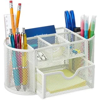 Relaxdays Stiftehalter, mit Schublade, Schreibtisch Organizer für Stifte, Metall Mesh, HBT ca. 10,5 x 22 x 11 cm, weiß