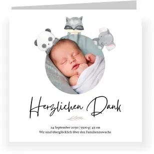 Dankeskarten Baby – Tierfreundeskreis Quadratisch mit Foto