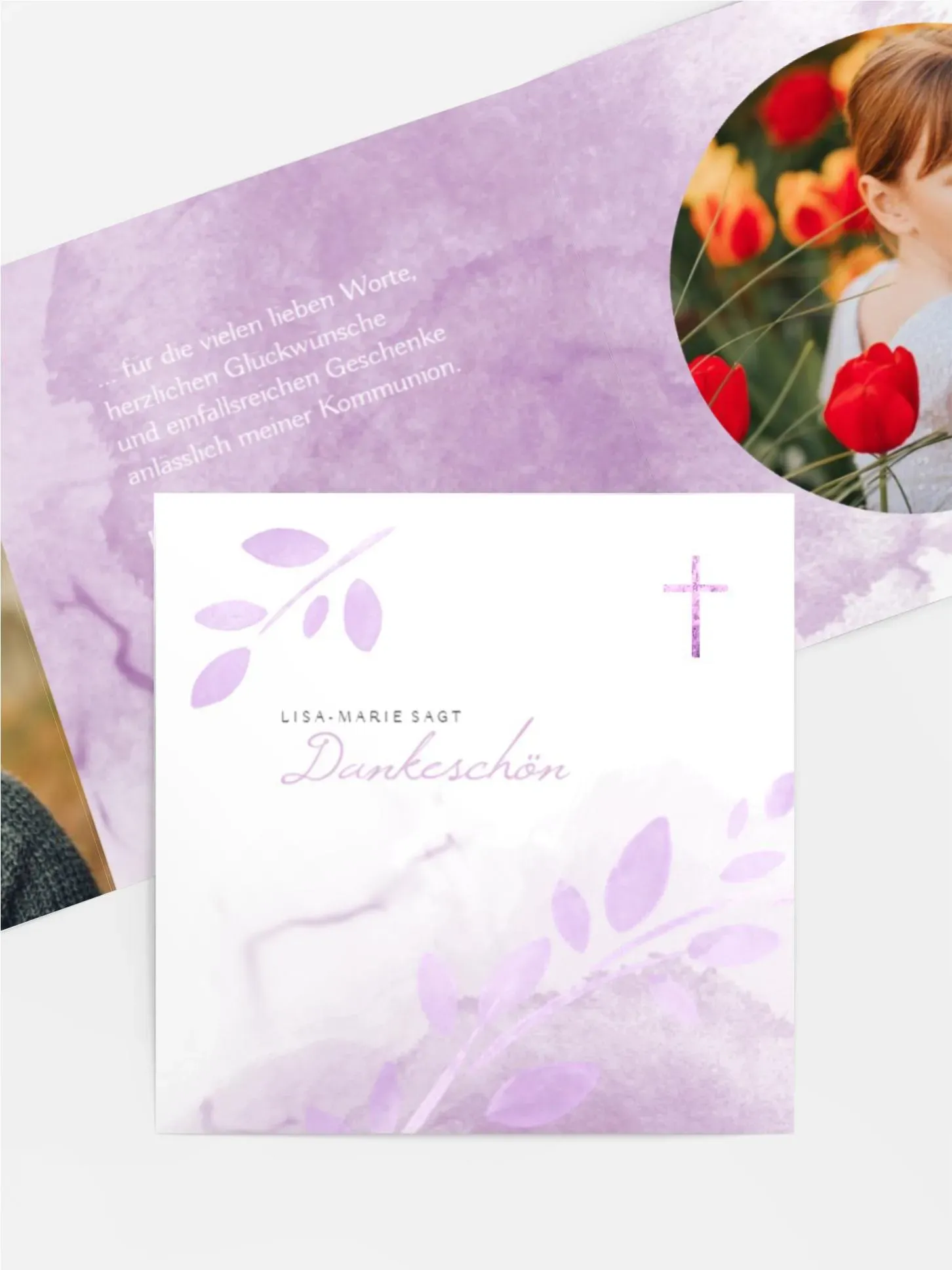Dankeskarten Kommunion selbst gestalten mit Spruch und Fotos im Onlinedesigner bei Meine-Kartenmanufaktur.de