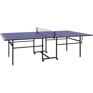 SPORTNOW Tischtennistisch mit Rollen, Tischtennisspiel-Set in Viertel Klappbar, Tischtennisplatte mit 2 Tischtennisschlägern, 3 Bällen, Stahl, Outdoor Indoor, 274 x 152,5 x 75,5 cm, Blau