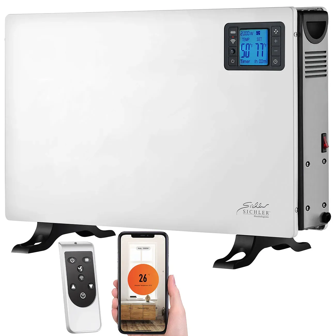 WLAN-Konvektor-Heizung, 2.000 W, App, Sprachsteuerung, Fernbedienung