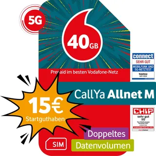 Vodafone Prepaid CallYa M | Aktion: 40 GB statt 20 GB | 15 EUR Startguthaben | ohne Vertrag | 5G-Netz | Telefon- SMS-Flat | EU-Roaming