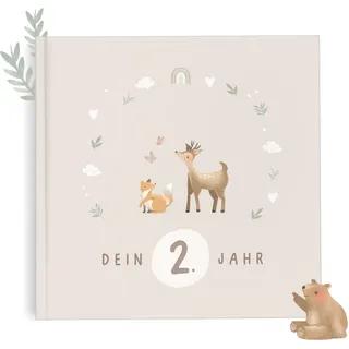mintkind® Babyalbum zweites Lebensjahr Hardcover Babytagebuch zum Eintragen Erinnerungsbuch und Fotoalbum Baby Geschenkidee für Jungen und Mädchen liebevoll gestaltetes Babybuch Beige