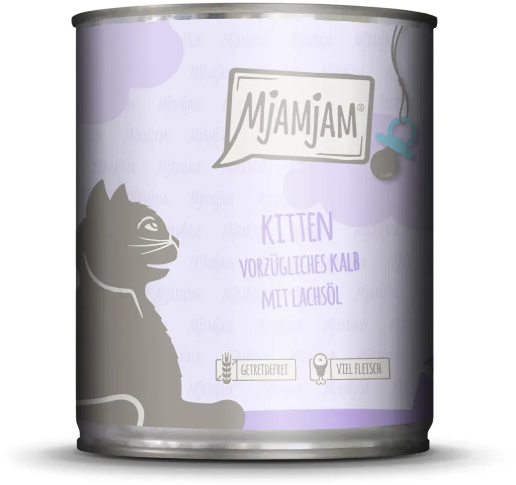 MJAMJAM Leckere Mahlzeit Kitten 800g Dose Katzennassfutter Sparpaket 12 x 800 Gramm vorzügliches Kalb mit Lachsöl