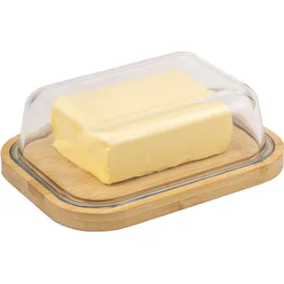ELUNO Butterdose mit Glasdeckel, Bambusbrett für 250g Butter, Butterglocke