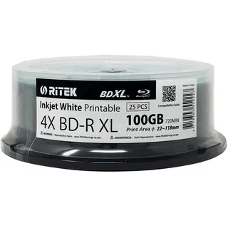 Ritek BD-R XL BDXL BDXL 100 GB Archivqualität, dreilagig, 4 x weiße Inkjet-Hub, bedruckbar, blanko, beschreibbare Discs in Spindel, 25 Stück