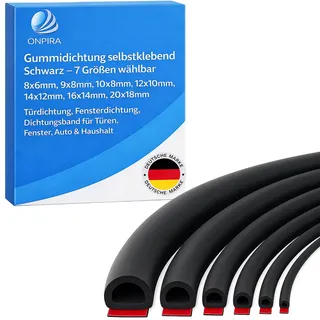 Onpira® Gummidichtung selbstklebend Schwarz – 7 Größen wählbar 8x6mm, 9x8mm, 10x8mm, 12x10mm, 14x12mm, 16x14mm, 20x18mm – Türdichtung, Fensterdichtung, Dichtungsband für Türen, Fenster, Auto