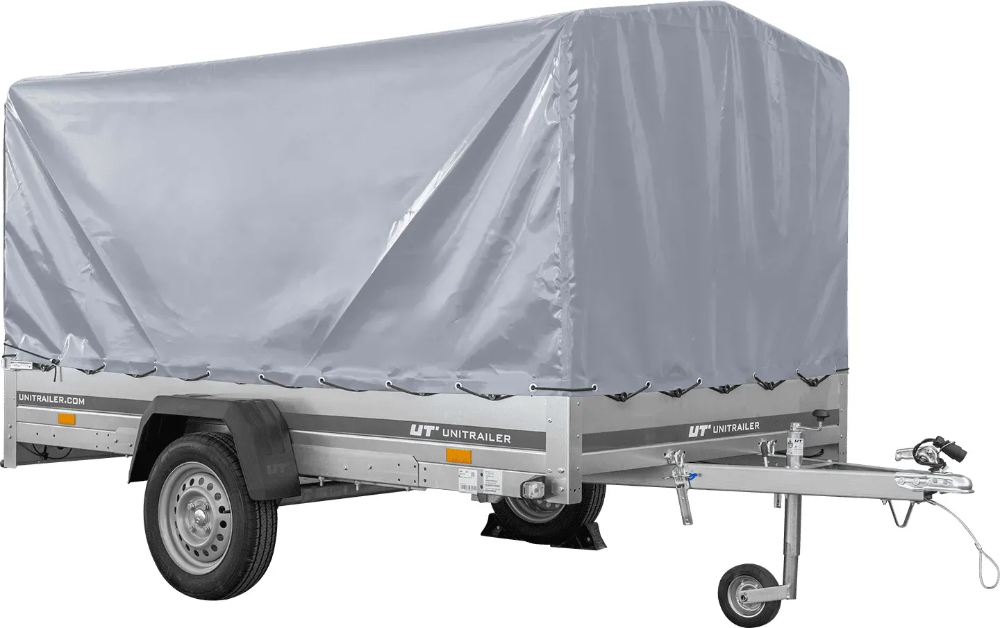 Autotransportanhänger auf Federn 264x150 UNITRAILER GARDEN 265/R KIPP mit H-1100 Rahmen und grauer Plane