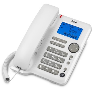 SPC Office ID – Tisch- oder Wandtelefon mit großem batteriebetriebenen Display, 3 Direktspeichern, 3 Ruftonstufen, Anrufer-ID und Freisprecheinrichtung – Weiß