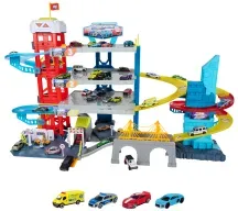 Majorette Double Track Garage mit 4 Fahrzeugen - Parkgarage mit Aufzug, Doppel-Rennstrecke, 4 Ebenen, 40 Parkplätze, Spielzeugauto-Set aus Metall, für Sammler und Kinder ab 5 Jahren, 104 x 66 cm