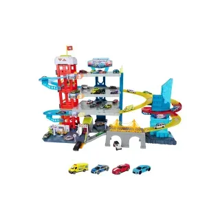 Majorette Double Track Garage mit 4 Fahrzeugen - Parkgarage mit Aufzug, Doppel-Rennstrecke, 4 Ebenen, 40 Parkplätze, Spielzeugauto-Set aus Metall, für Sammler und Kinder ab 5 Jahren, 104 x 66 cm