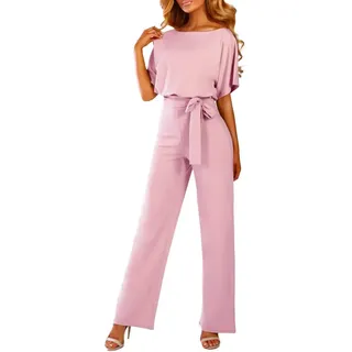 Kanpola Jumpsuit Damen Elegant Lang Overall Festlich Hochzeit Sommer Kurzarm/Langarm Playsuit Breites Bein Romper mit GüRtel - 38