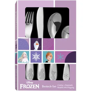Frozen Die Eiskönigin Kinderbesteck Set 4-teilig - Edelstahl rostfrei mit Messer, Gabel, Suppenlöffel und Dessertlöffel - geprägtes Motiv mit Elsa, Anna und Olaf - spülmaschinengeeignet, kindgerecht