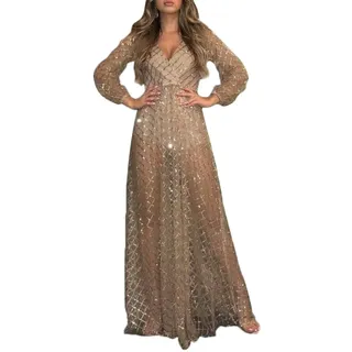 Onsoyours Damen Kleid Festliche Kleider Brautjungfer Hochzeit Cocktailkleid Chiffon Faltenrock Elegant Langes Abendkleid Partykleid H Gold L - L