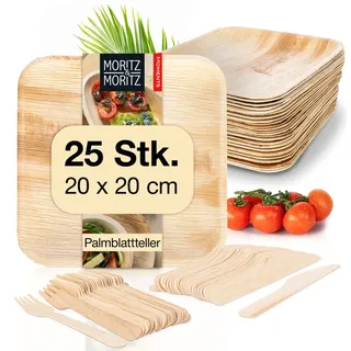 Moritz & Moritz Palmblattgeschirr Eckig 20cm mit Besteck für 25 Personen - 25 Teller Einweg 20 x 20 cm - 25 Holzbesteck Einweg - Alternative zu Bambusteller und Bambus Geschirrset