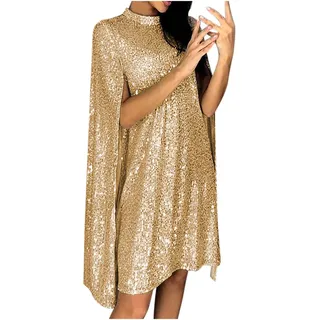 Rioge Damen Glitzer Kleid Festlich Hochzeit Kleider Elegant Abendkleid Langarm Schal Cocktailkleid Sexy Partykleid Minikleid Paillettenkleid für Frauen - S