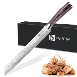 PAUDIN Brotmesser mit Wellenschliff 26 cm aus hochwertigem rostfreiem Edelstahl, extra scharfe Messerklinge mit ergonomischem Pakkaholzgriff