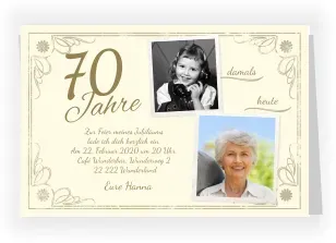 Einladungskarte 70. Geburtstag: Vintage mit Fotos in Creme