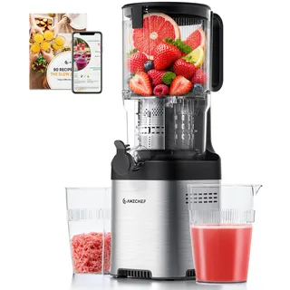 AMZCHEF Entsafter - Slow Juicer mit 135 mm großem Einfüllschacht für ganzes Obst und Gemüse - Leicht zu Reinigen mit 2 Gläsern - Silber