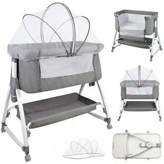 JEOBEST Beistellbett 3 in 1 Babybett, Schaukelmodus, mit atmungsaktivem Netz und Laken, mit Rollen Kinderbett, 6-Fach Höhenverstellung, Moskitonetz, Lagerung grau