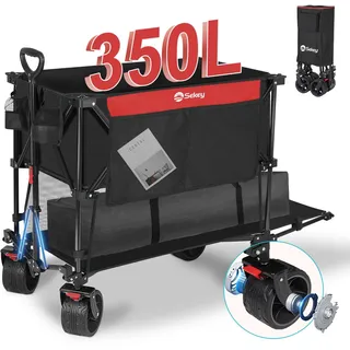 Sekey Bollerwagen Faltbar 350L mit Extra Breite Reifen 17x10cm, Faltbarer Bollerwagen Strandwagen Transportwagen Zusammenfaltbar aus 4 Richtungen, 4XL-Doppel 4021, Rot mit Schwarz