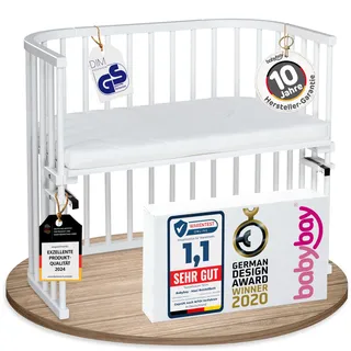 babybay Maxi extra großes Beistellbett aus massivem Buchenholz / Kinderbett Höhe stufenlos verstellbar & umweltfreundlich / mit Matratze Classic Soft (weiß lackiert)