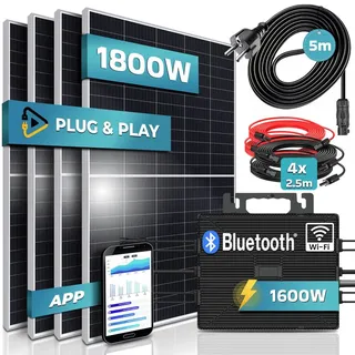 SUNNIVA® 1800W Balkonkraftwerk komplett Steckdose - ASTRO-ENERGY 1600W Wechselrichter - PV Solaranlage 4x 450W Solarmodule 5m Kabel Bluetooth WIFI