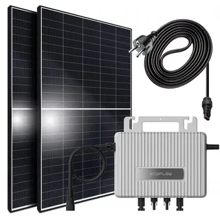 SUNNIVA® 850W Balkonkraftwerk 800W komplett Steckdose - Ecoflow Stream 800W Micro Wechselrichter - PV Solaranlage Komplettset - 2x 425W (850W) Solarmodule - inkl. 5m Kabel - Bluetooth, WIFI