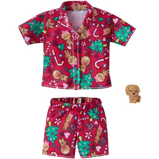 Barbie Mattel Weihnachten GGG49 - Holiday Fashion Gingerbread, Schlafanzug im Lebkuchenprint und Hündchen - Mode, Kleid, Kleidung