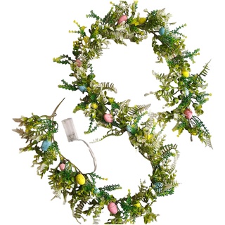 Sharplace Ostergirlande, grüner Frühlings-Sommer-Kranz, Osterkranz mit bunten Ostereiern und LED Licht, Künstliche Türkranz Ostern deko, gedrehte Hängegirlande für Easter Haustür Fenster Wanddeko