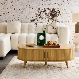 sweeek Skandinavischer Couchtisch mit geriffeltm Holzlook und 2 Schiebetüren Natur - sweeek