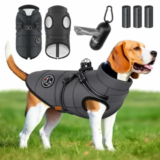 Lovpet LOVPET® Hundejacke Hundemantel mit Geschirr, inkl. 45 Stück Kotbeutel + Spender, Hunde Winterweste gefüttert wasserdicht, Gepolsterte Weste Mit Brustgurt, Reflektoren, D-Ring