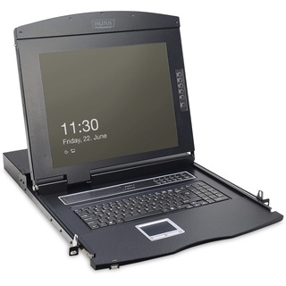 DIGITUS 19" KVM Konsole mit 17" TFT Display (4:3), IT-Tastatur-Layout, KVM Switch mit 8 Cat5 Ports, Schwarz