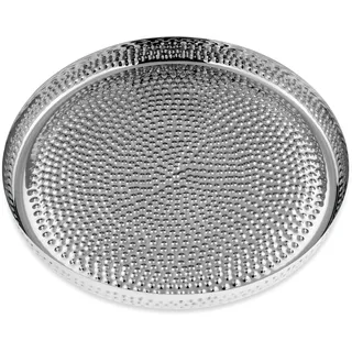 großes rundes Silbertablett Ø 39 cm - XL Edelstahl-Tablett gehämmert mit hohem Rand - silbernes Dekotablett ohne Füße - Deko Serviertablett für Speisen und Getränke - ohne Griffe