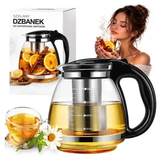 Glas Teekanne 2L mit Edelstahl Sieb Teebereiter Glaskanne für Teeaufguss - Schwarz/Silber