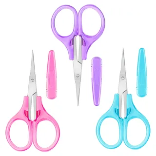 Piriuuo 3 Stück Kleine Scheren, Bastelschere Stickscheren Set Mini Schere mit Schutzhülle Edelstahl Allzweckschere Schere Klein Stickschere für Nähen, Papier Schneiden Scrapbooking Blau, Rosa, Lila