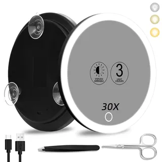 30x Vergrößerungsspiegel mit Licht, großer 15cm 3 Farben dimmender beleuchteter 30x Vergrößerungsspiegel mit 3 Saugnäpfen, Reiselupenspiegel hohe Vergrößerung Makeup Spiegel mit Pinzette Schere