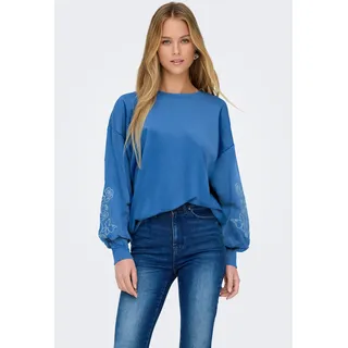 Sweatshirt ONLY "ONLBROOKE L/S O-NECK FLOWER SWT", Damen, Gr. M, ultramarine detail:boho butterfly (wintersky), Sweatware, Obermaterial: 60% Baumwolle, 40% Polyester, regular fit normal, Rundhals, Rippbündchen, Sweatshirts Sweatshirt