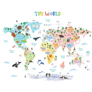 Decowall DLT-1615 Weltkarte Tierweltkarte Tiere Wandtattoo Wandsticker Wandaufkleber Wanddeko für Wohnzimmer Schlafzimmer Kinderzimmer (Extra Groß) (Englisch Ver.)
