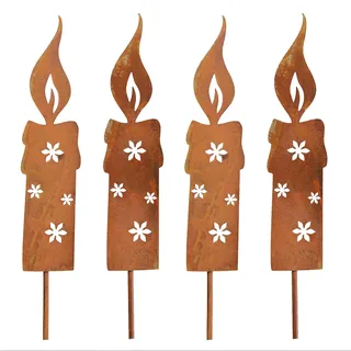 YUNSTK Rostiges Kerzen Gartenstecker Weihnachten, 4er Set Weihnachtsdeko Roststecker, Rost Licht Metall Wetterfest, Draußen Gartenstecker, Gartendeko Rost Deko Baumstecker