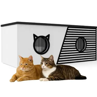 QLS Katzenhaus XXL 85x45x37,5 cm – wetterfest & isoliert mit Schutzvorhang, aufklappbarem Dach & OSB-Boden, für bis zu 4 Katzen Outdoor (Weiß)