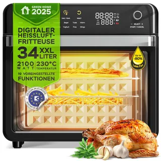 TurboTronic Multi-Smart-Ofen - 19in1 Heißluftofen & Heißluftfritteuse 2100W Power 34L bis 0,5 kg Pommes Mini-Backofen mit Dörrfunktion 40-230°C Grill Airfryer Dörrautomat schwarz