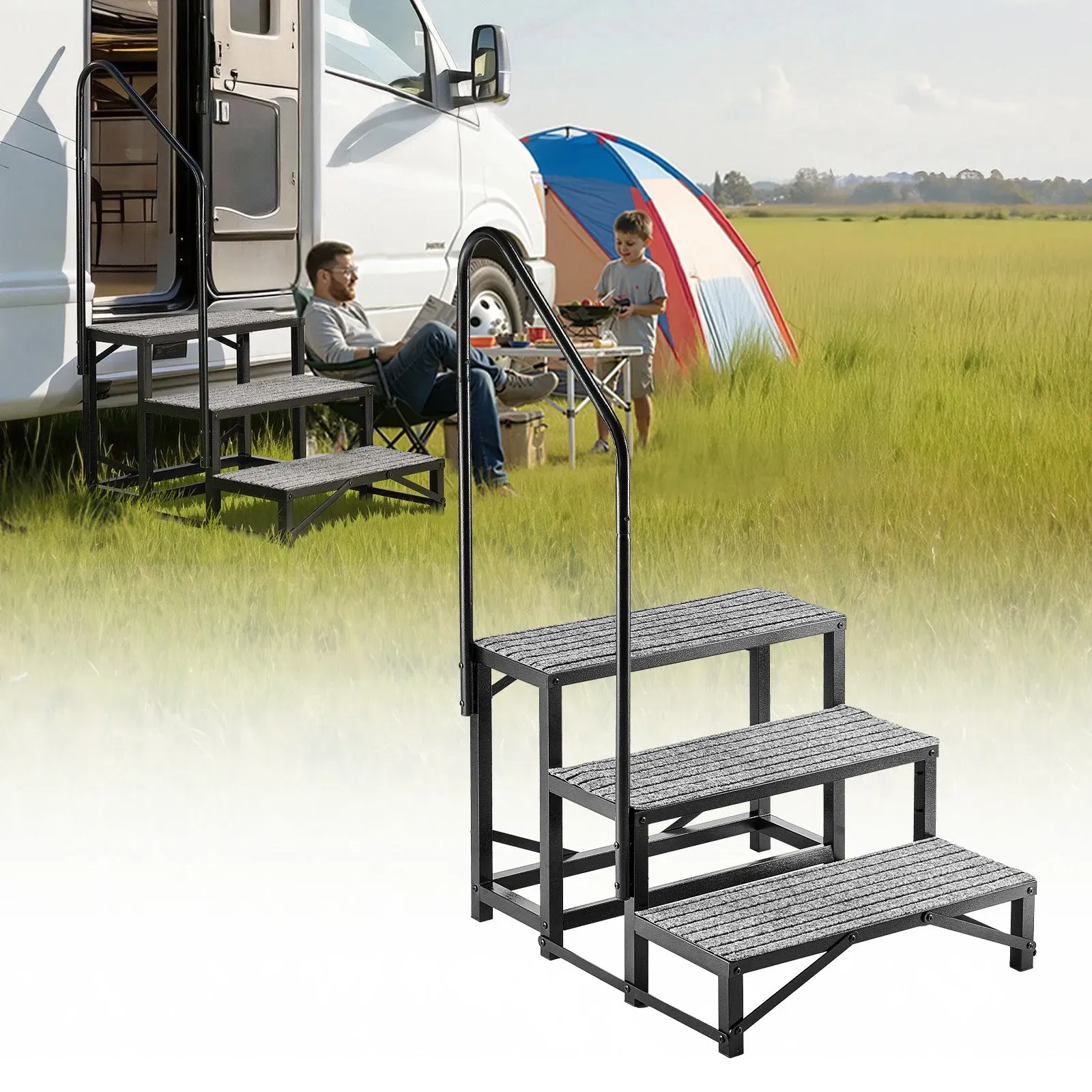 VEVOR RV Treppe mit Handlauf, 3-stufige Tragbare Standtreppe mit 299,38 kg Tragkraft Rutschfeste Trittstufe für Camper Mobilheime Pool und Spa Robuste Außentreppe Ideal für Senioren und Haustiere